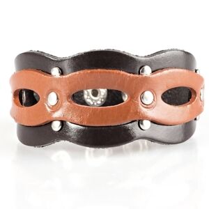 Western Ranch Style Two Tone Silver Studded Brown & Black Leather Cuff Bracelet